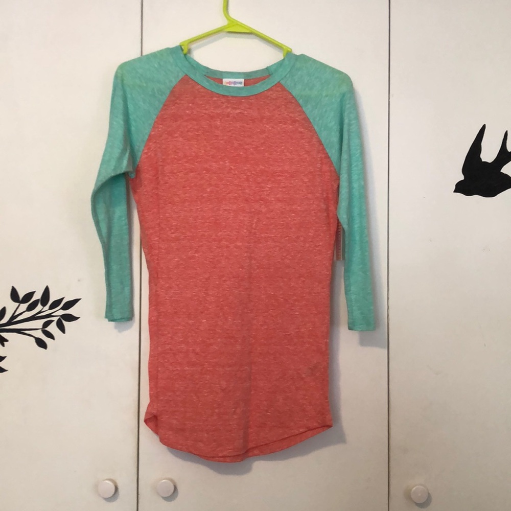 LuLaRoe Randy XXS 3/4 Sleeve salmon and aqua top